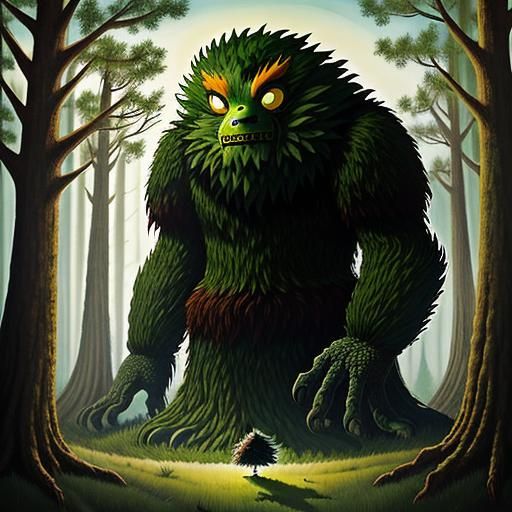 Giant Monster Hiding in Forest, Surrealist Style