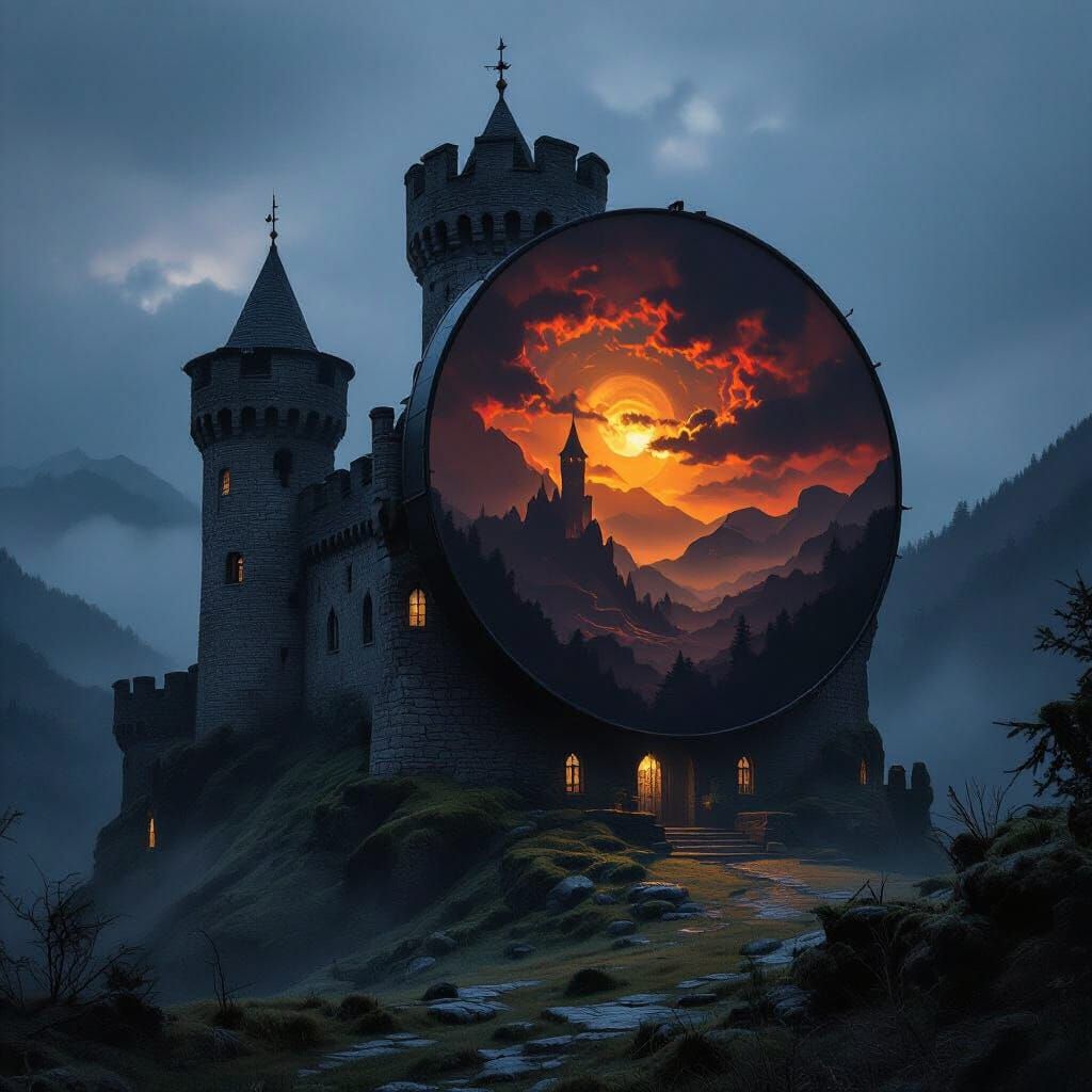 Misty Mountain Castle with Medieval Canvas Art