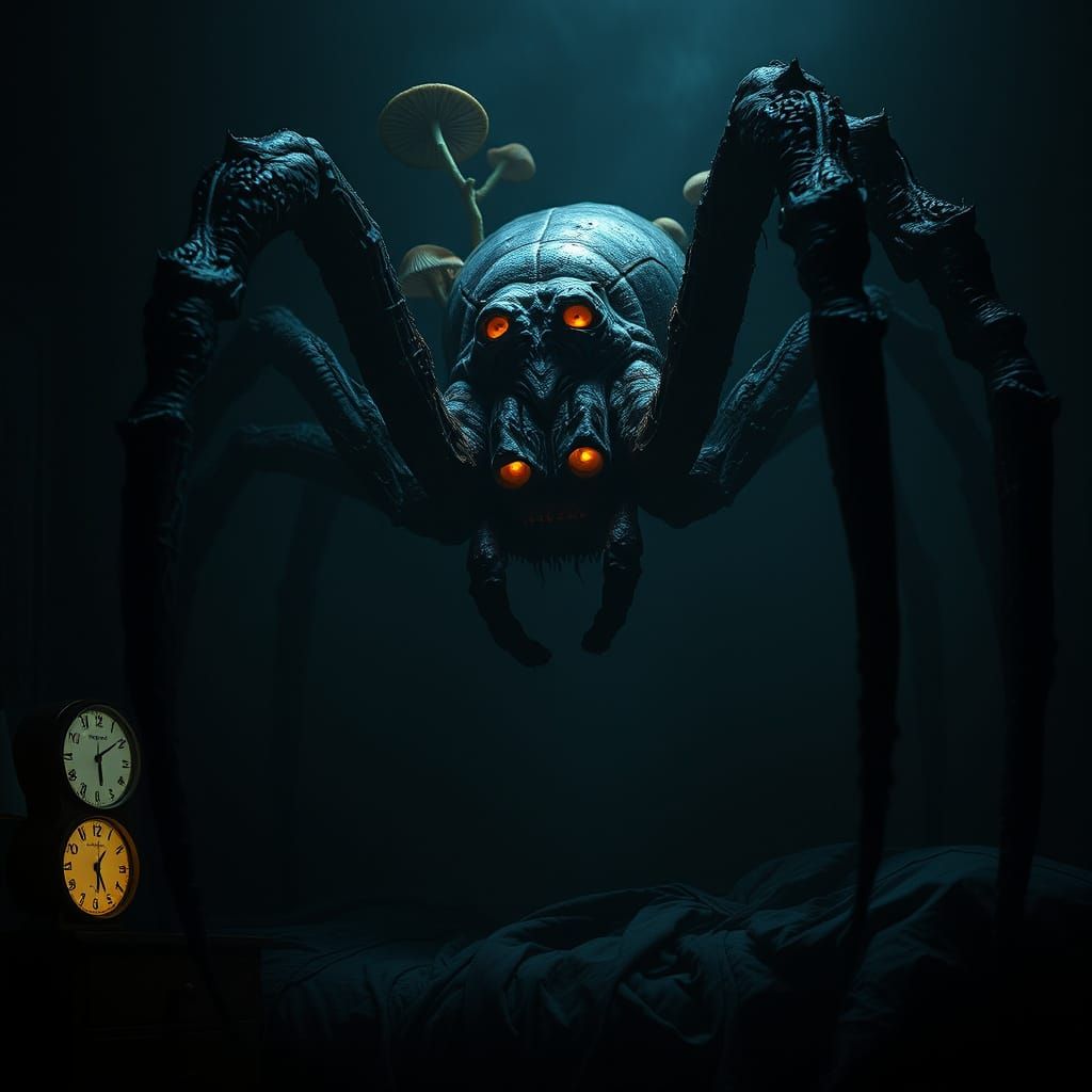 Ethereal Nightmare: Twisted, Glowing Spider Looms in Darkene...
