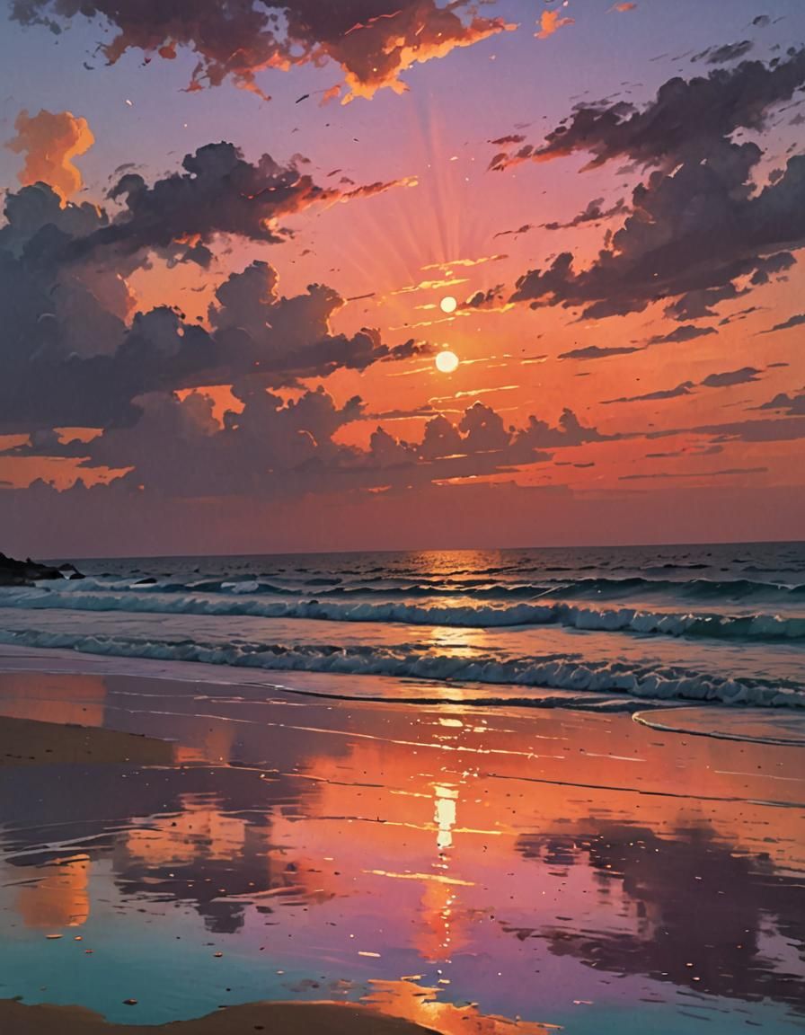 Vibrant Sunset Over a Tranquil Turquoise Beach