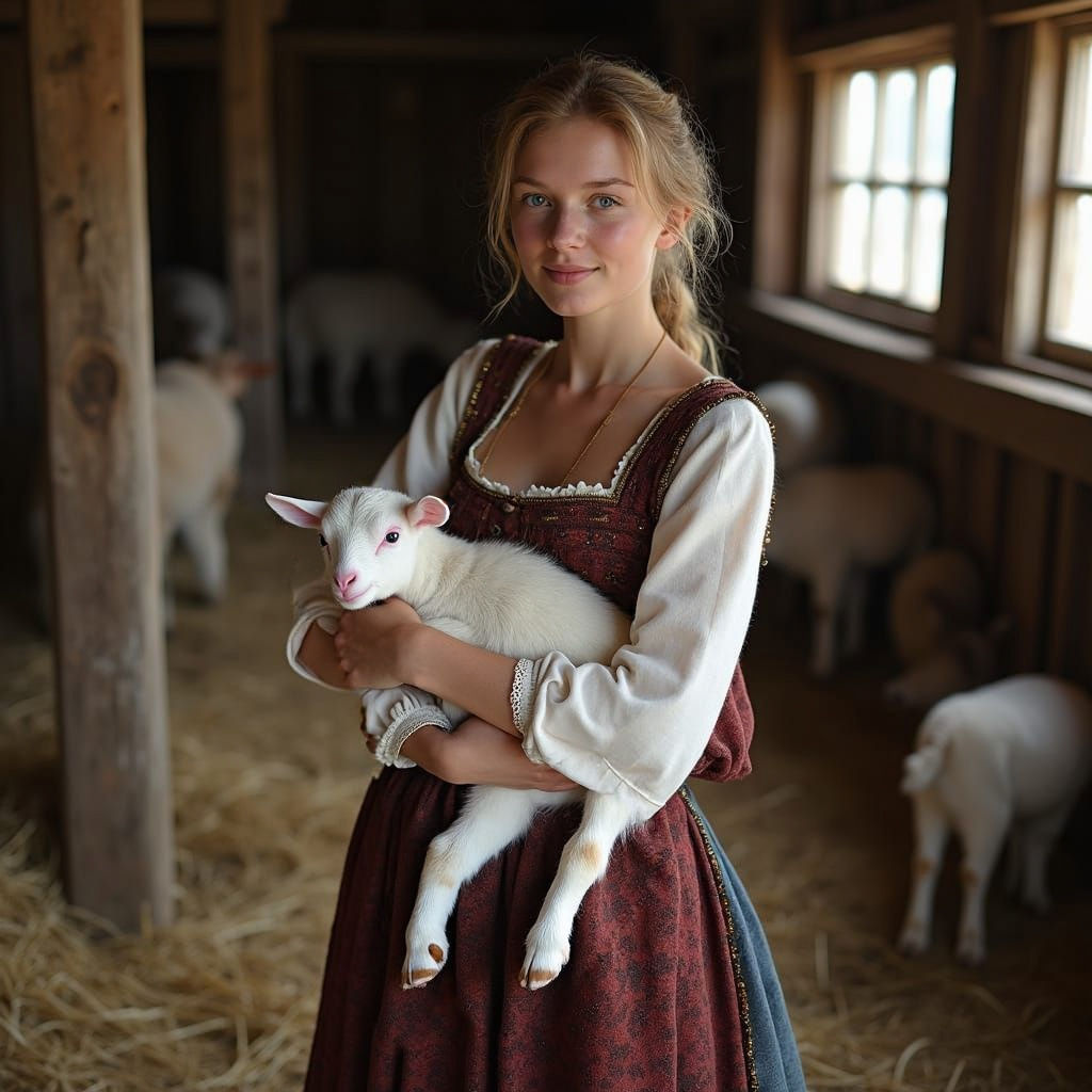 Nordic Farmer's Wife with Baby Goat in Cozy Barn