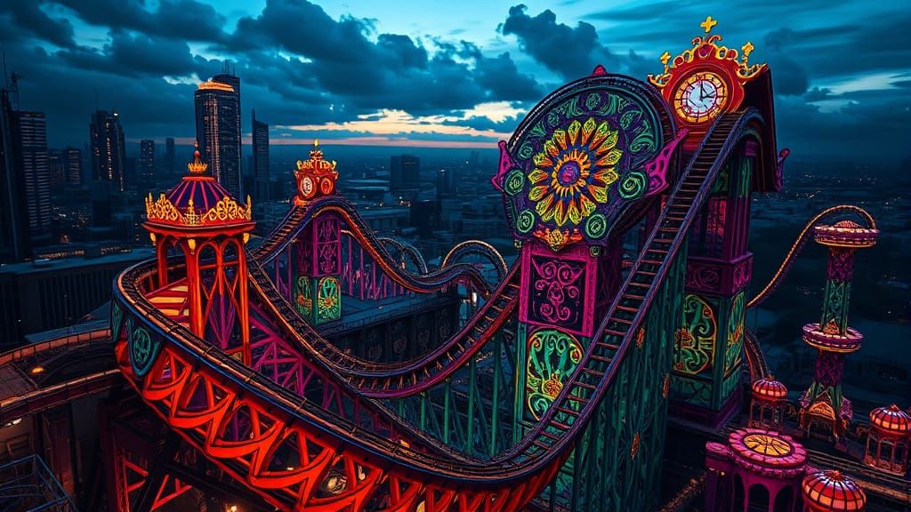 Ethereal Art Nouveau Roller Coaster in a Cyberpunk Cityscape