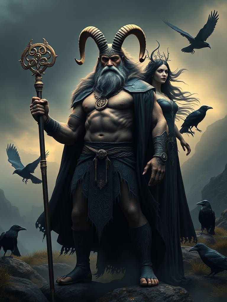 Celtic Gods Cernunnos and Morrigan in Eerie Landscape