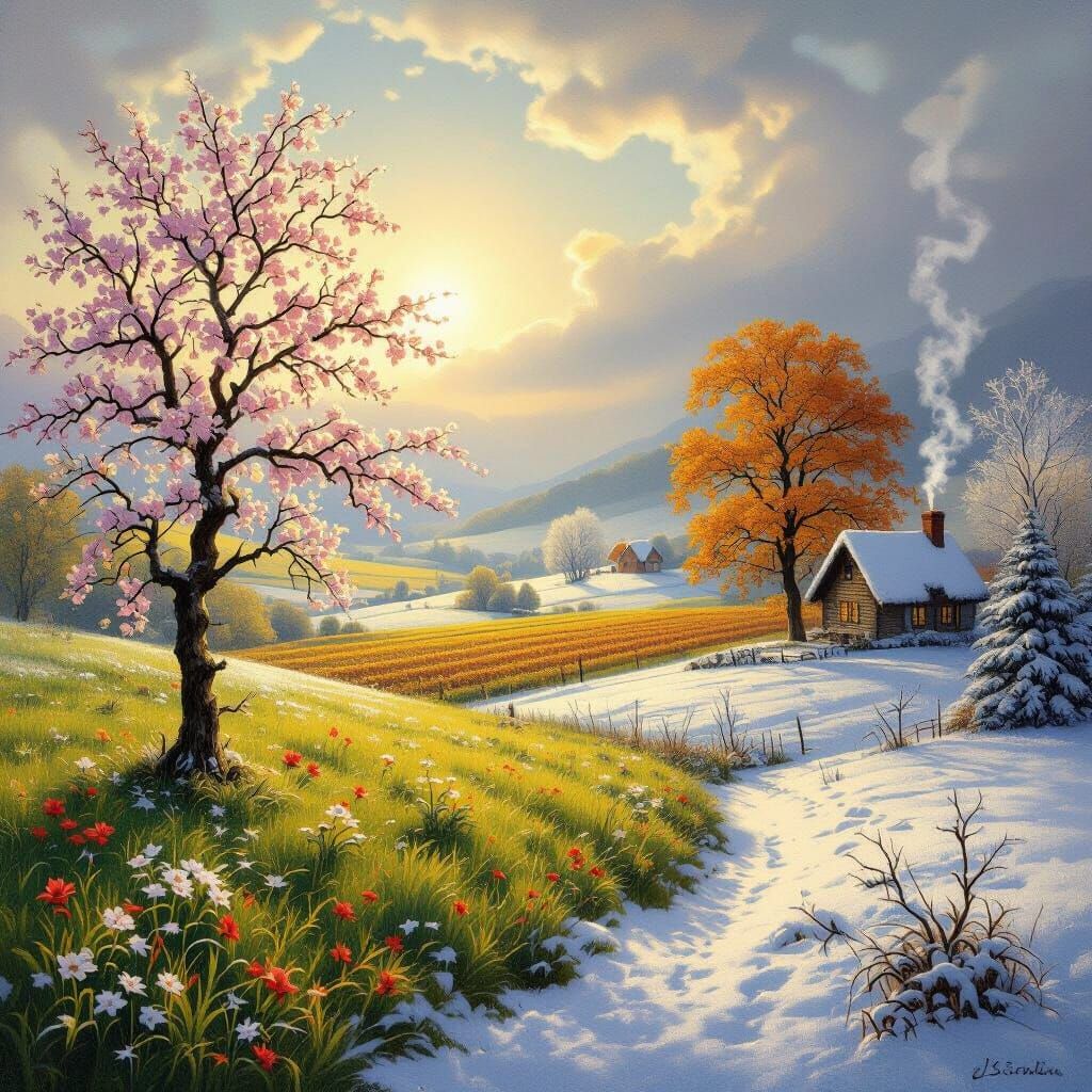 Seasons Cycle Landscape in Romantic Style