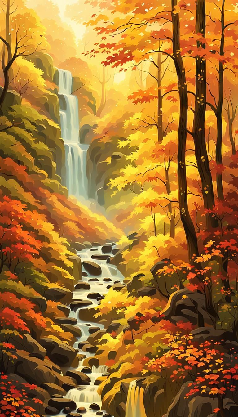 Autumn Waterfall in Luminous Impressionism Style