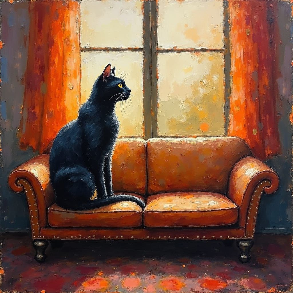 Expressionist Cat in Cozy Room: Impasto Wax Painting