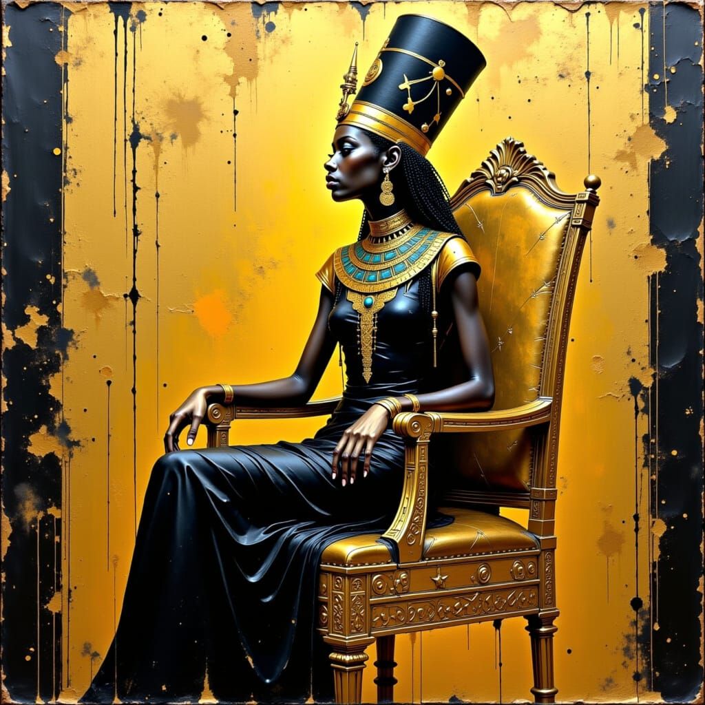 Egyptian Queen on Golden Throne, Impasto Oil Painting