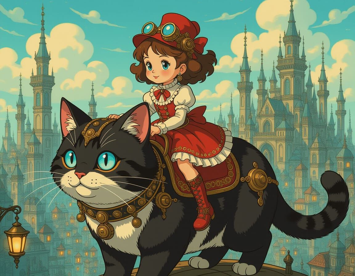 Steampunk Girl Rides Giant Cat in Disney Style
