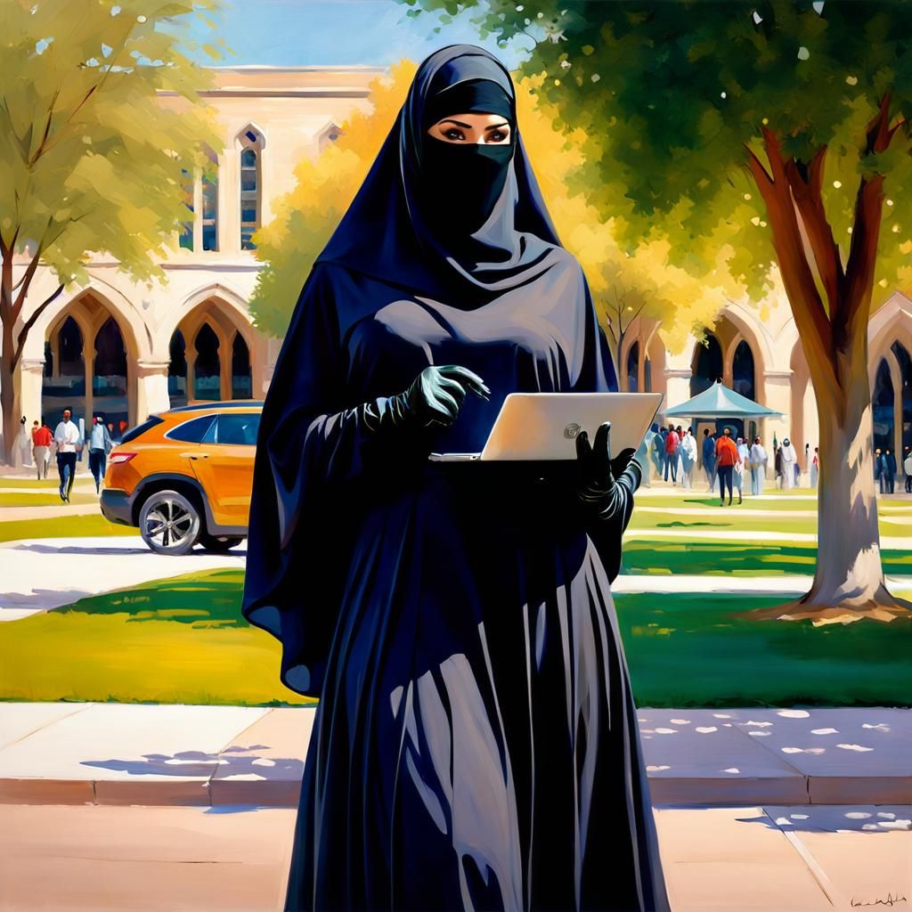 Niqabi Woman on Campus, Oil Painting Style