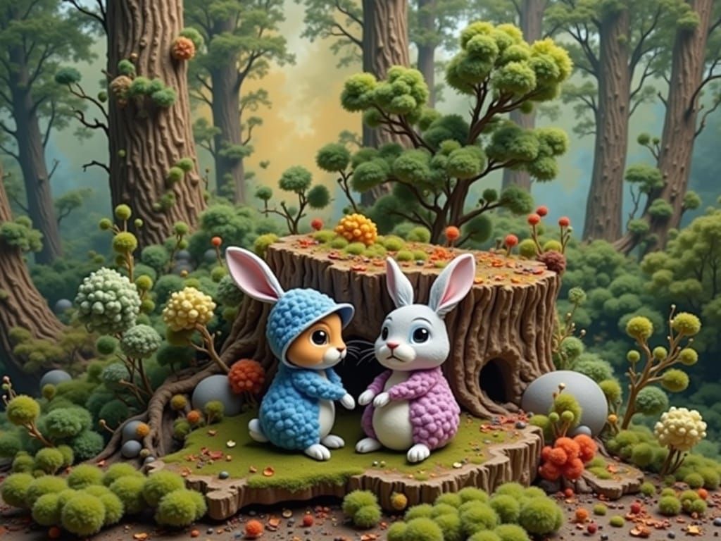 Bunny and Squirrel in Whimsical Autumn Forest