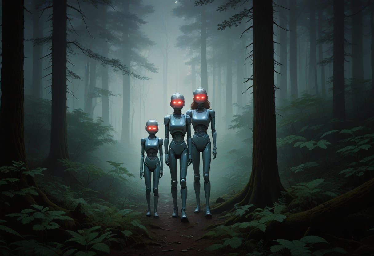 Android Family in Dense Forest Mist