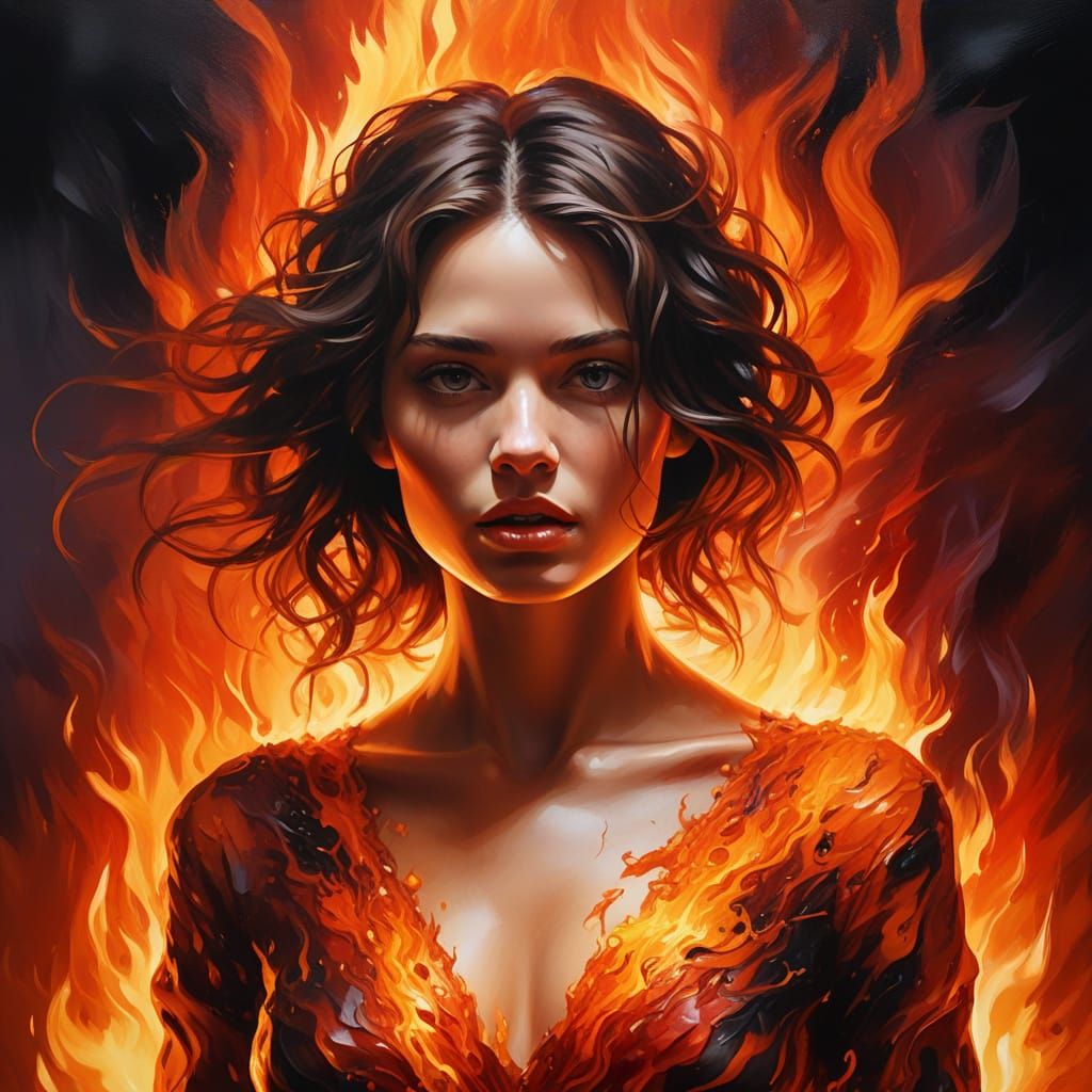 Surreal Woman Burning in Hellfire: Oil Painting