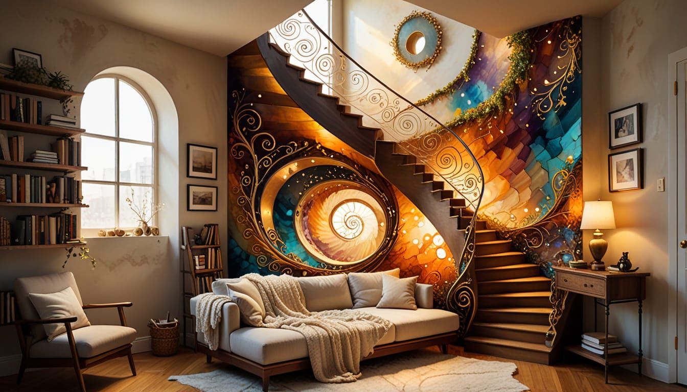 Surrealist Reading Nook with Golden Tendrils