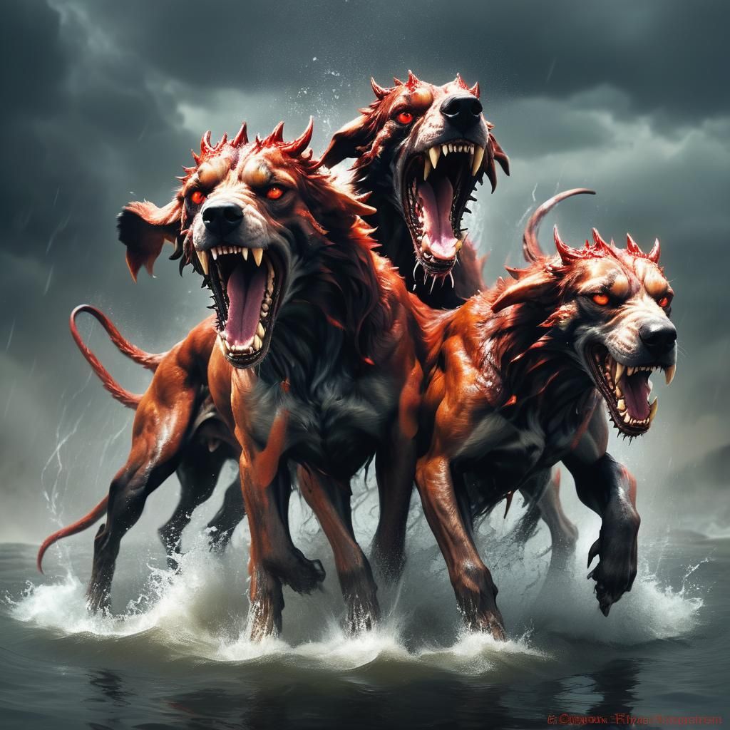 Three-Headed Hound Spewing Flames in Fury