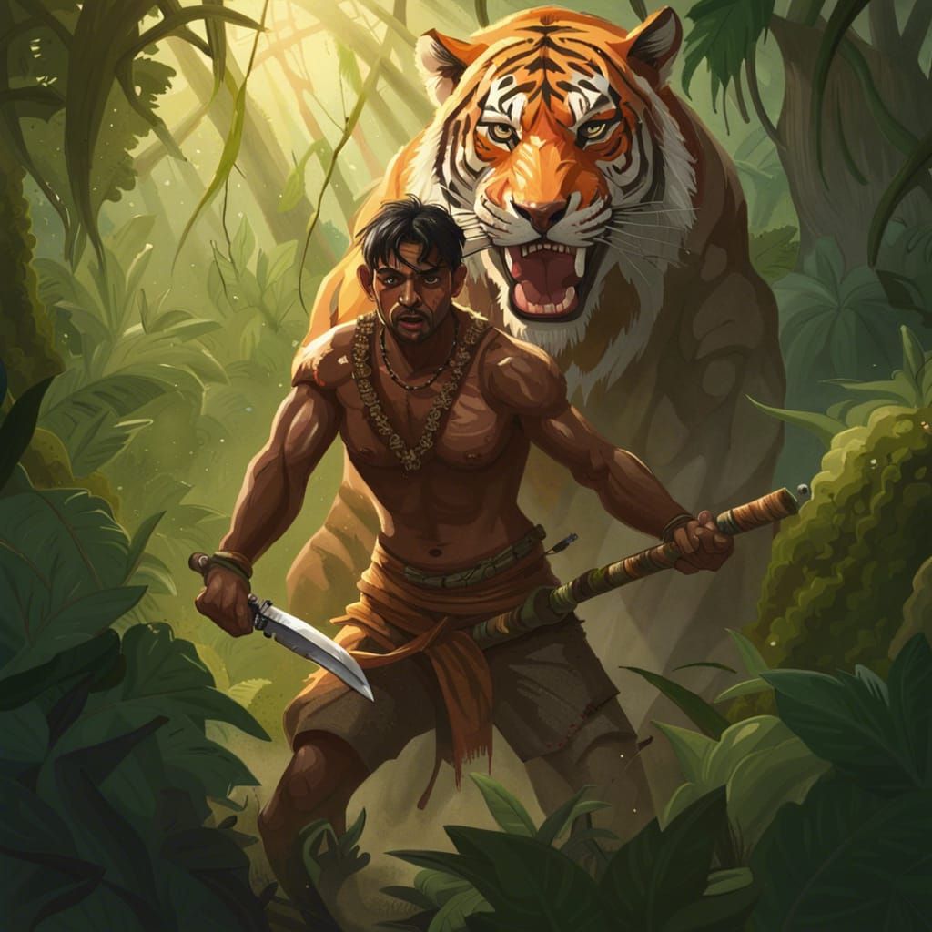 Indian Hunter vs Tiger in Jungle at Sunrise