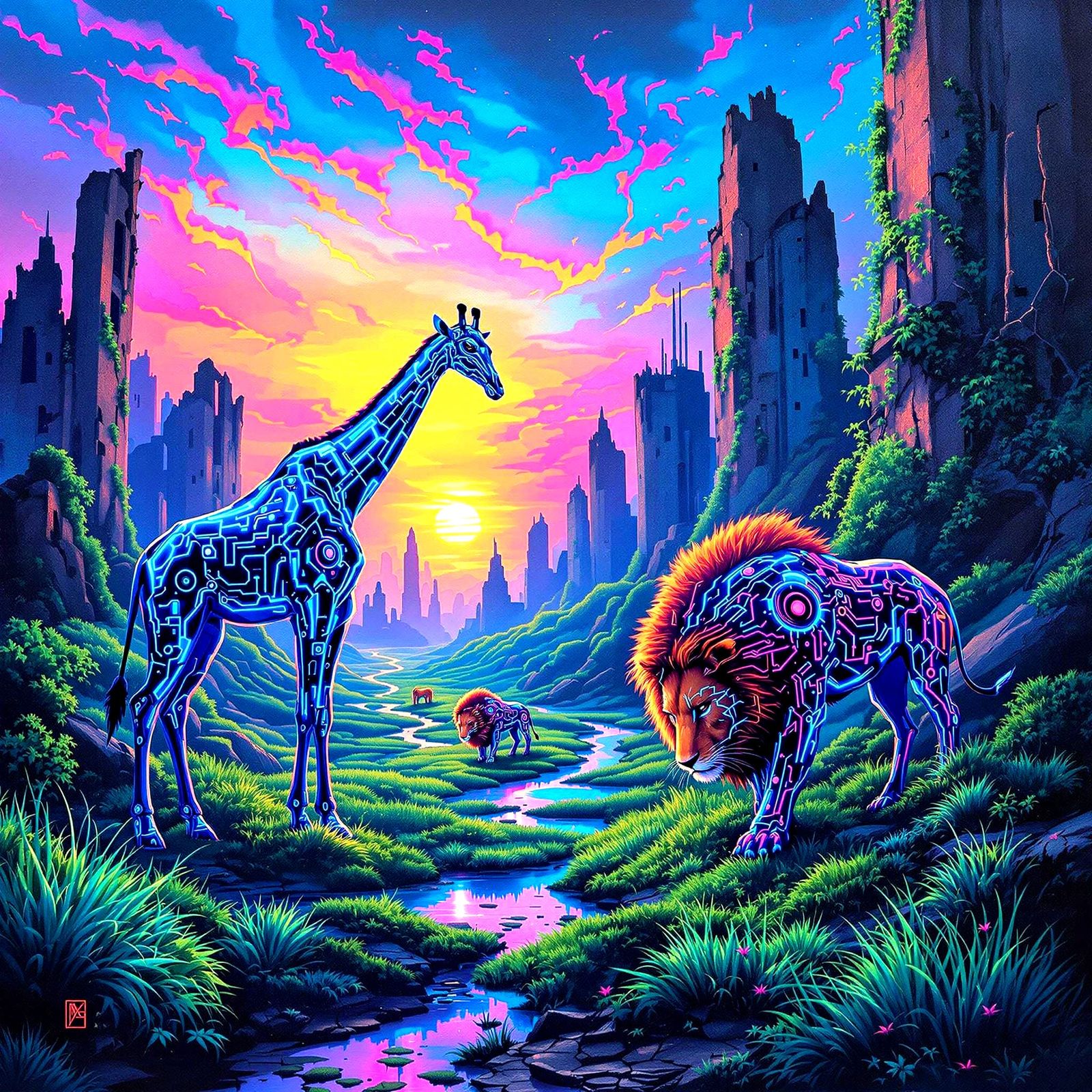 Cyberpunk Savannah Reborn in Vibrant, Electric Hues