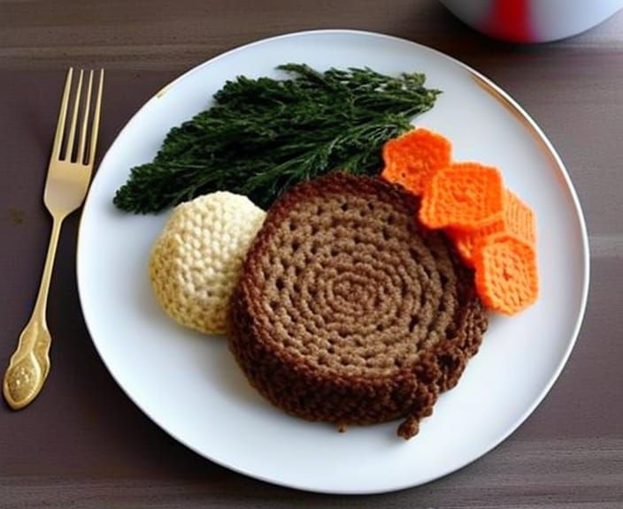 Crocheted Roast Dinner Made of Yarn