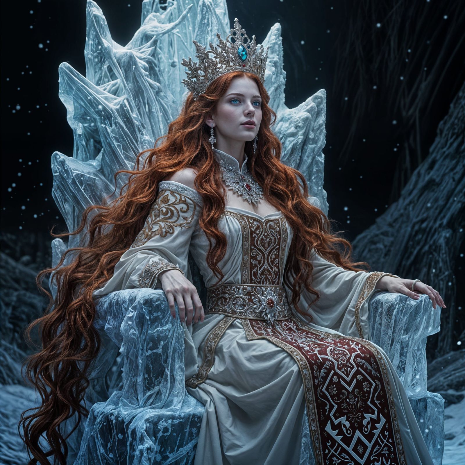 Snow Queen with Red Hair on Ice Throne