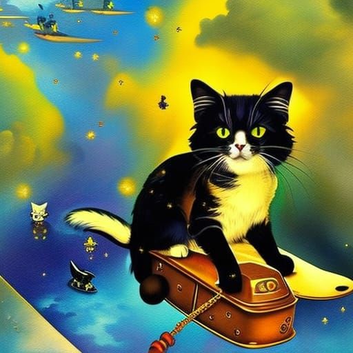 Cute Cat in Dystopian Biopunk Woodblock Print