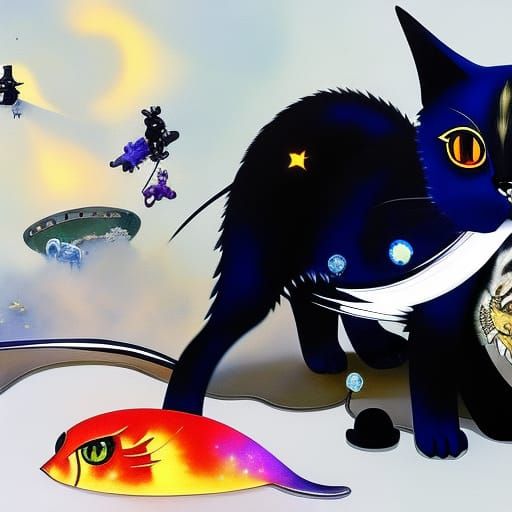 Biopunk Cat Inspired by Woodblock and Surrealism