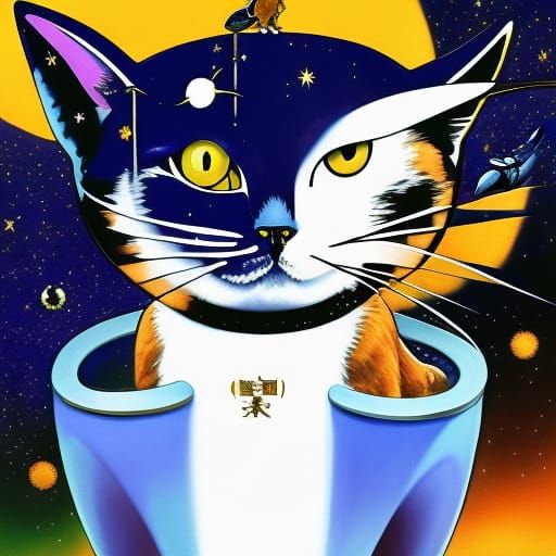 Cute Cat in Dystopian Biopunk Woodblock Style