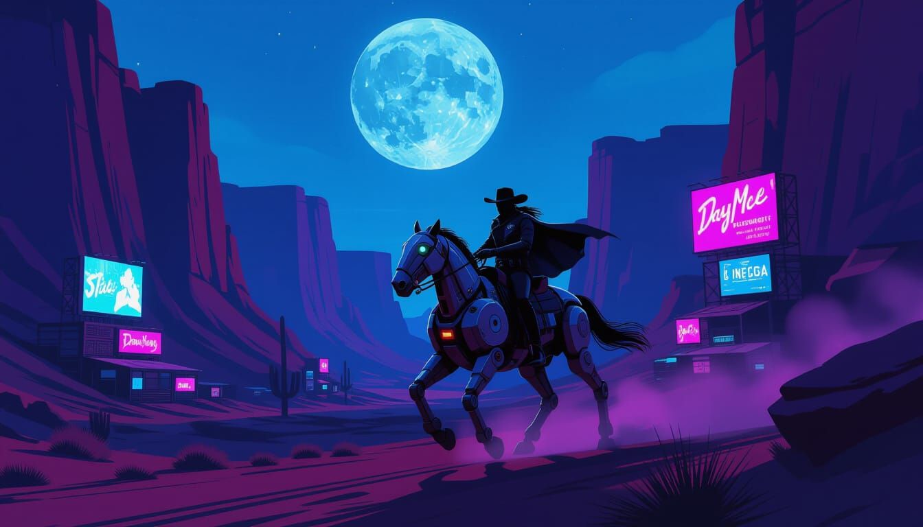 Cyberpunk Cowboy on Robotic Steed in Neon Canyon