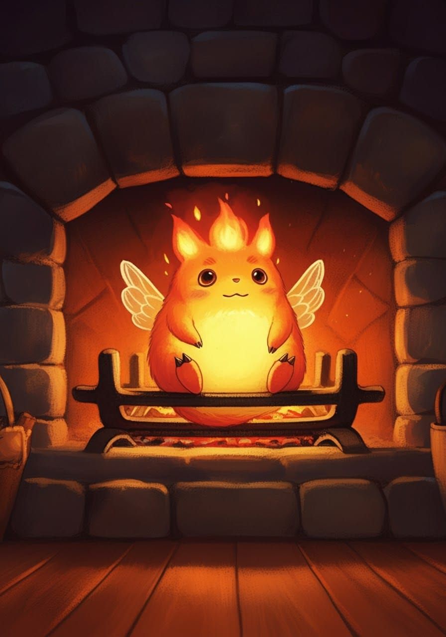 Adorable Fire Creature Lounging in Hearth, Ghibli Style
