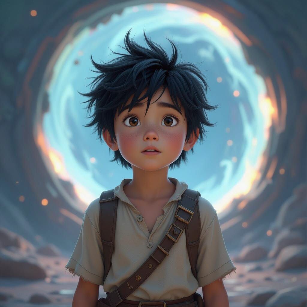Boy Gazes at Cosmic Portal in Fantasy Matte Painting