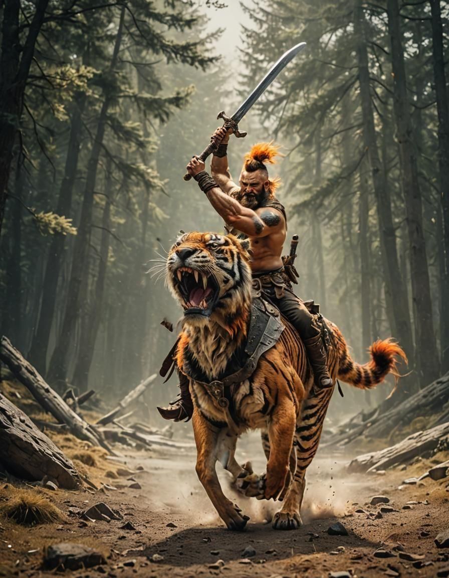 Dwarf Barbarian on Saber-Toothed Tiger: Cinematic Film Still