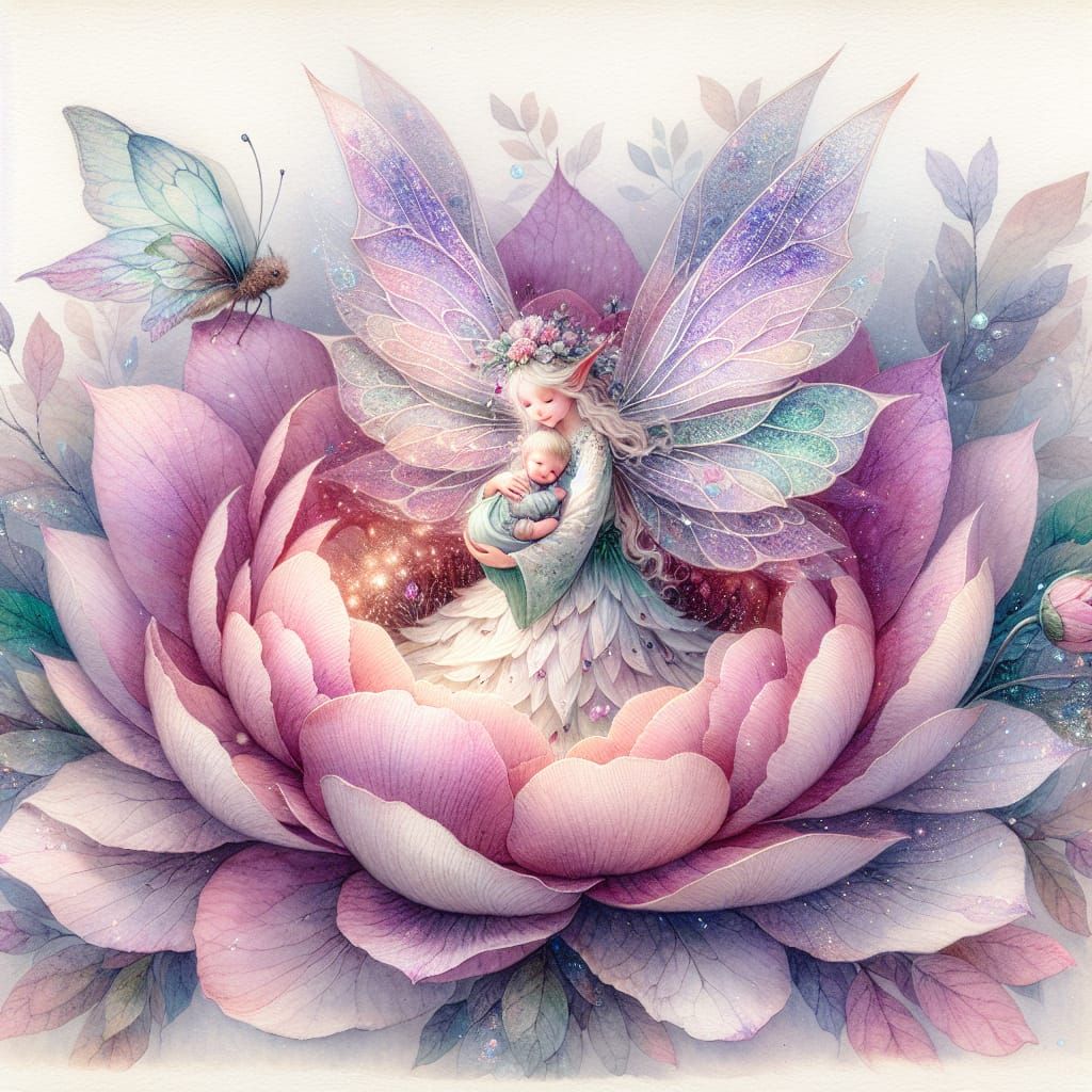 Mother fairy and her newborn fairy are Sitting inside a flower. Their clothes made of delicate petals in soft pink and p...