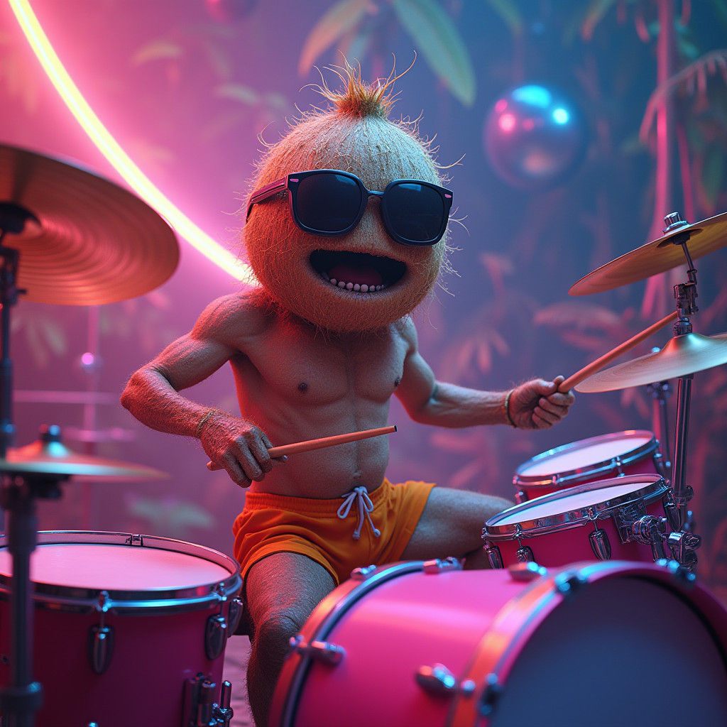 Coconut Plays Drums in Psychedelic Cyberpunk Style