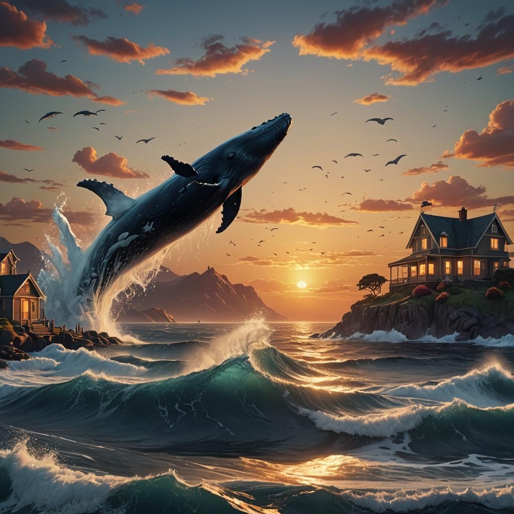 Sunset Ocean Scene with Whale in Matte Painting Style