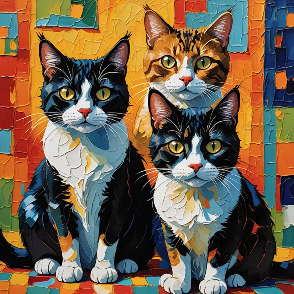 Abstract Moggy Cats in a Cozy Room, Vibrant Art