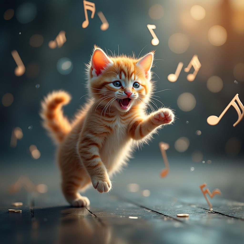 Thrilled Kitten in Swirl of Flying Music Notes