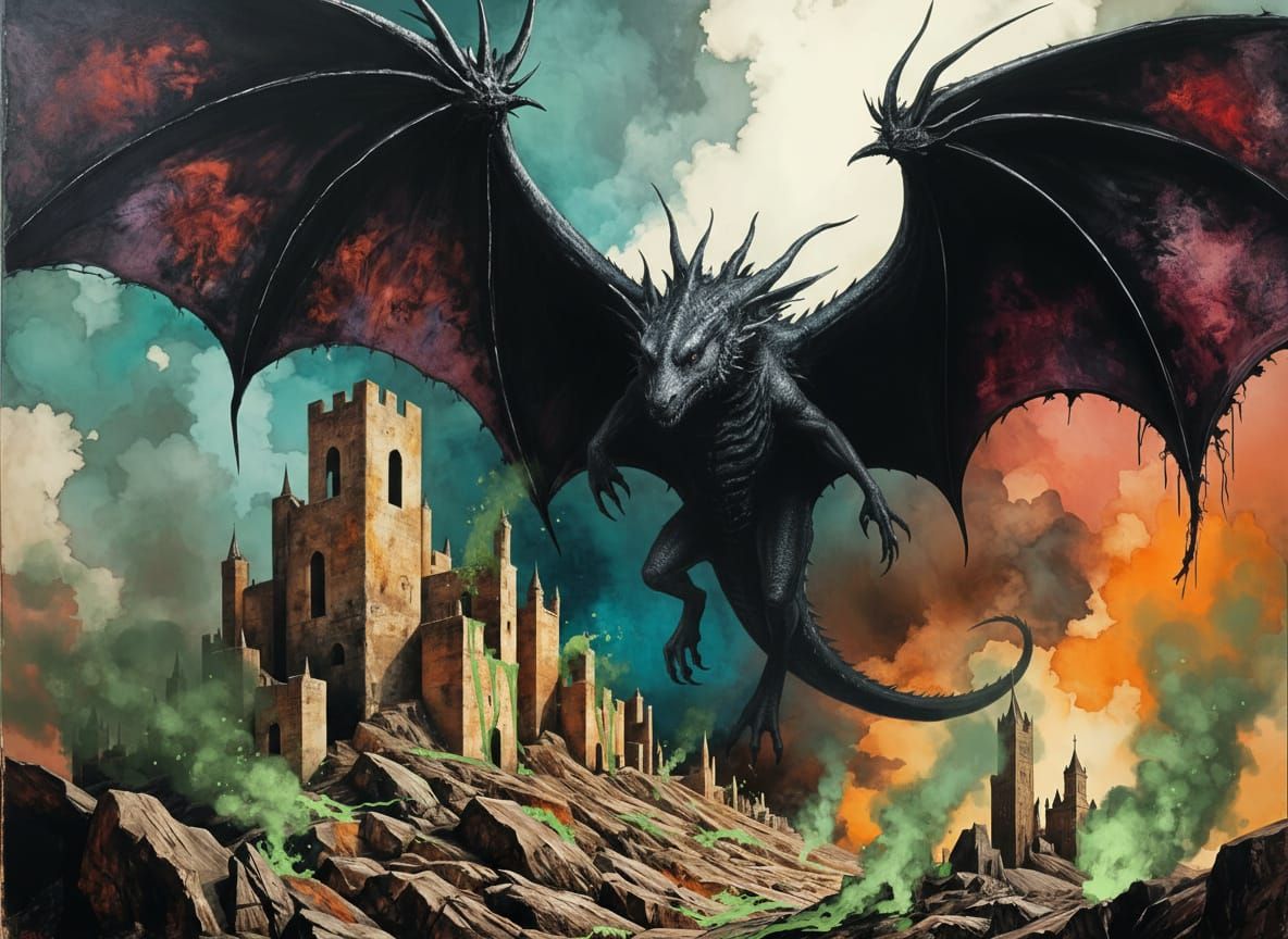 Majestic Black Dragon Soars Over Burning Castle