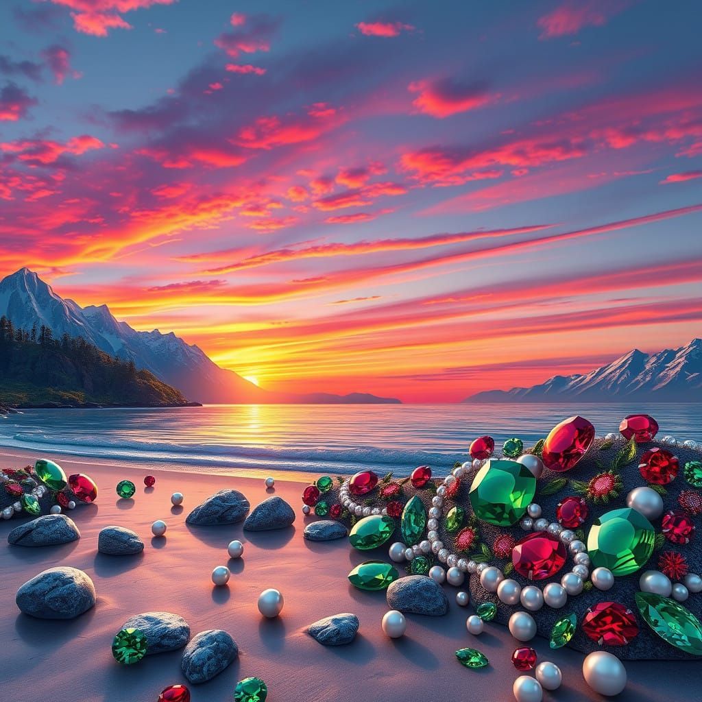 Vibrant Beach Oasis Amidst Alps Sunset