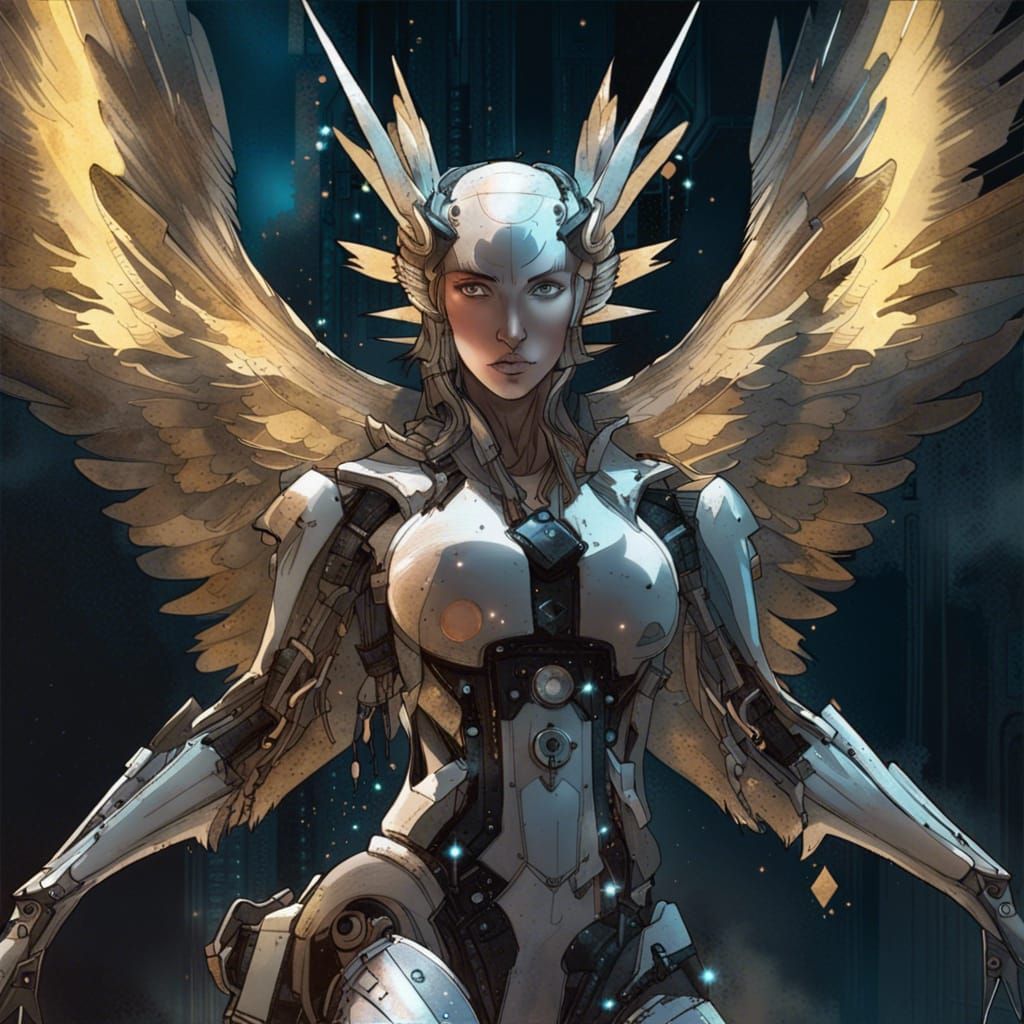 Cybernetic Harpy in Dystopian Cyberpunk Ruins
