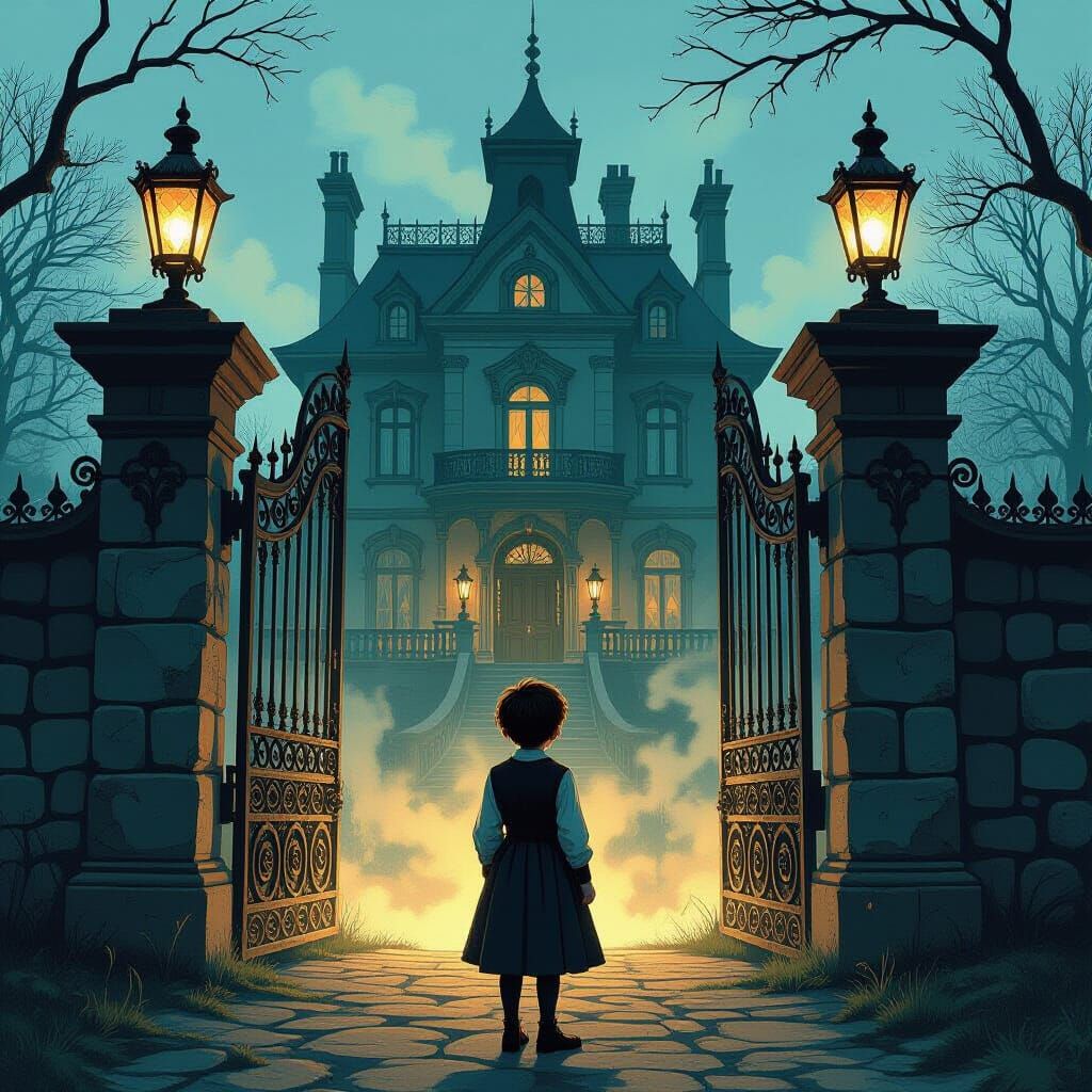 Boy at Mansion Gates: Gothic Dreamscape