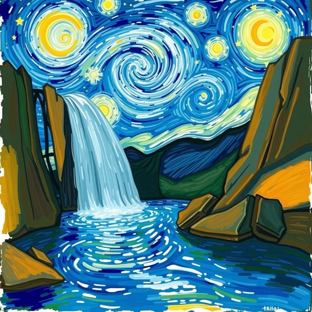 Whimsical Waterfall Inspired by Starry Night