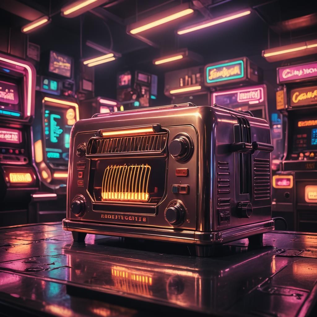 Synthwave Toaster with Coin Collector in Neon Arcade