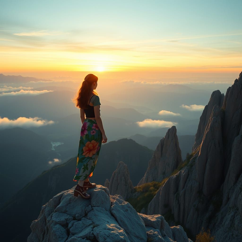 Y2K Fashion Girl on Mountain at Dawn
