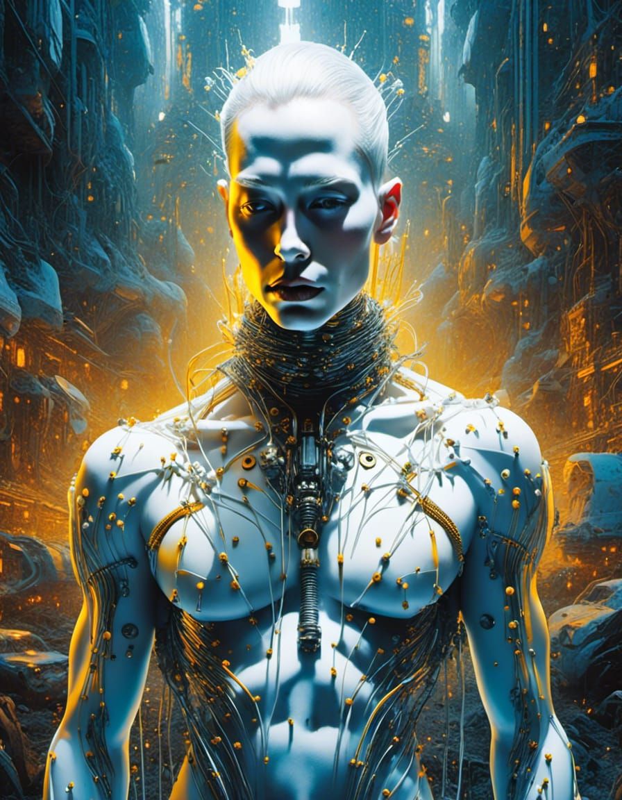 Hyper-Realistic Neon Android Cyborg Portrait