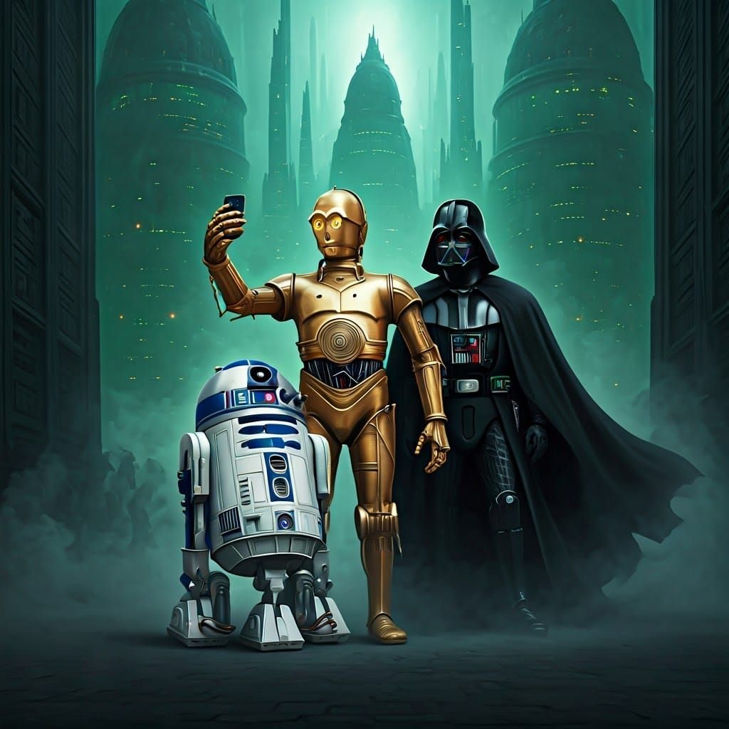 Darth Vader Photobombs Droids in Cyberpunk City