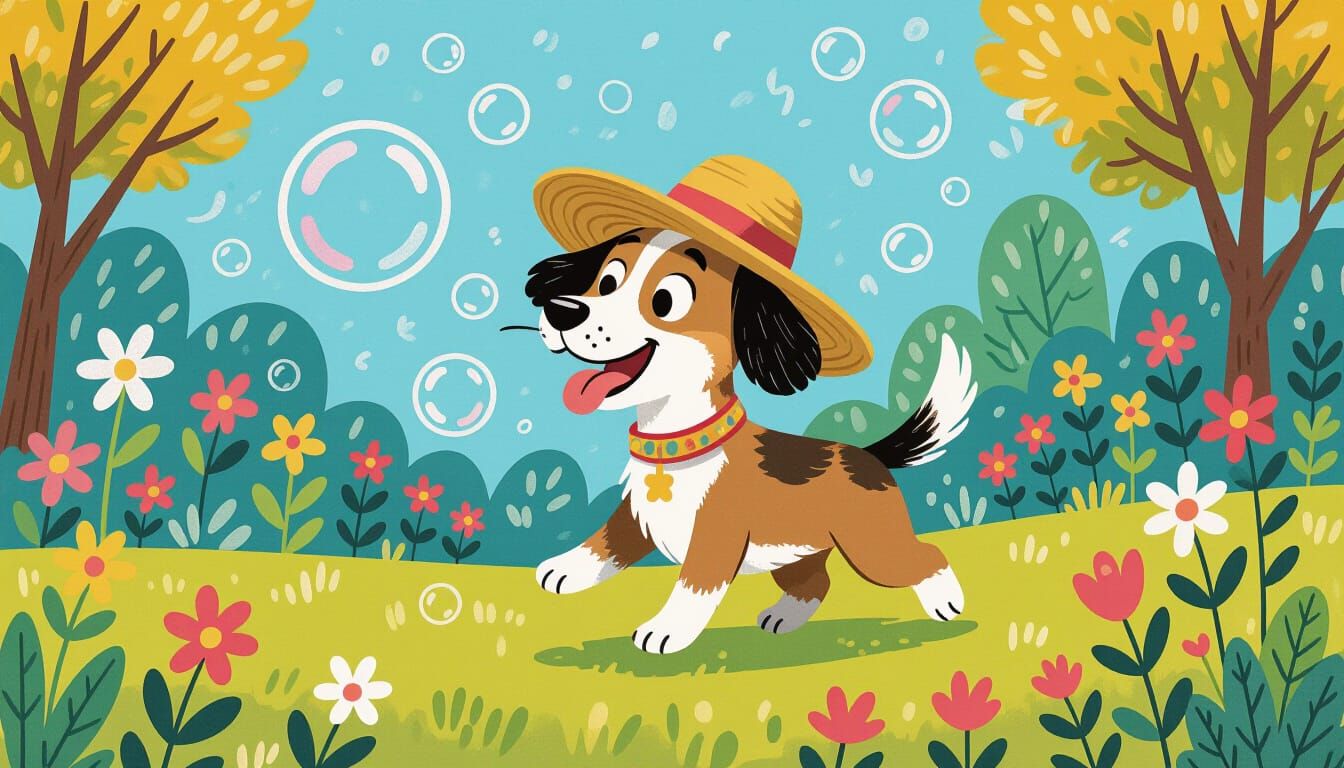 Dog Chasing Bubbles in Bemelmans-Style Garden