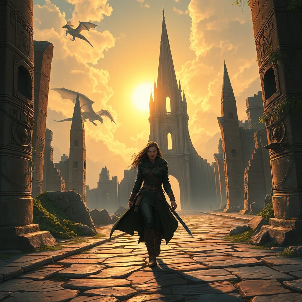 Mysterious Valley Ruins at Dusk, Ancient City Shadows