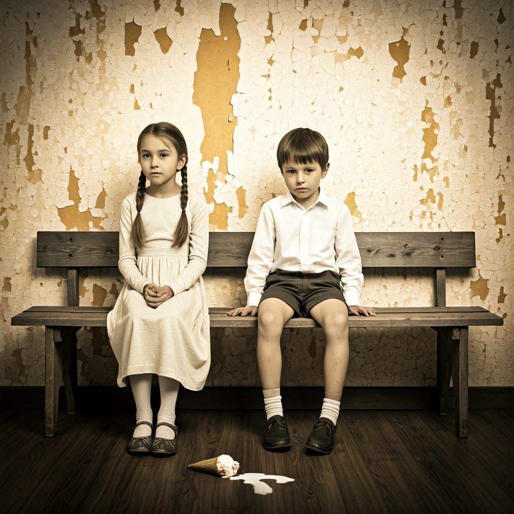 Nostalgic Children on a Vintage Bench