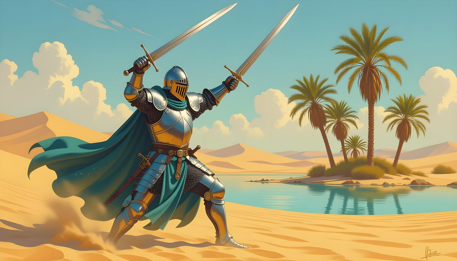 Epic Fantasy Crusader Knight in Desert Oasis
