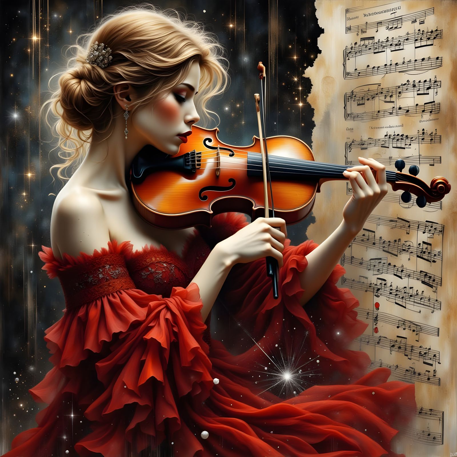 Woman in Red Dress Playing Haunting Violin
