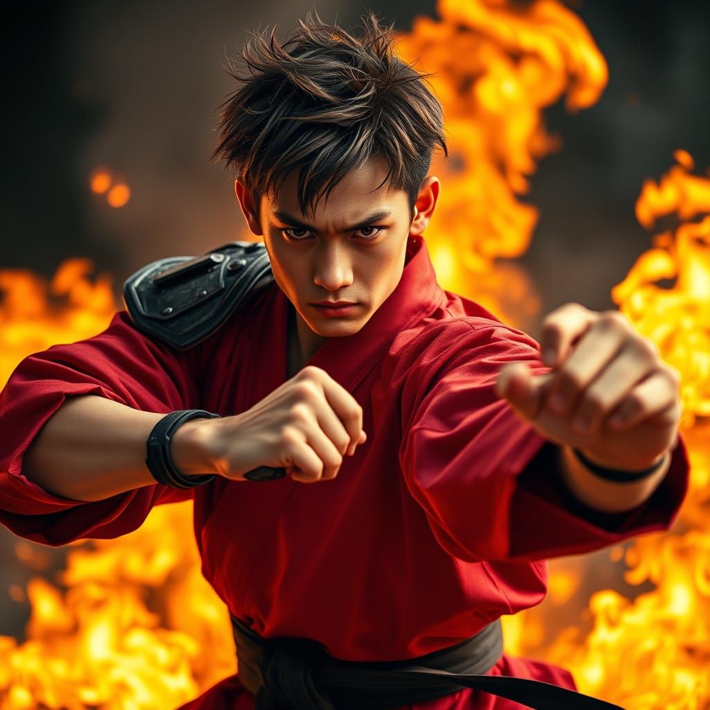 Serious Kai in Traditional Kimono, Surrounded by Intense Fla...