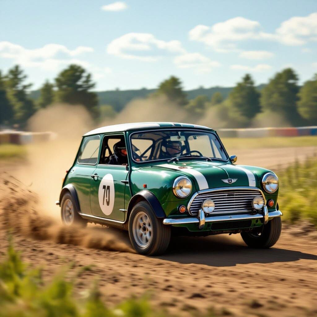 Vintage British Racing Green Mini Rally Car in Motion